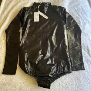 Black Shiny Women’s Long Sleeve Leotard Bodysuit Mock Turtleneck